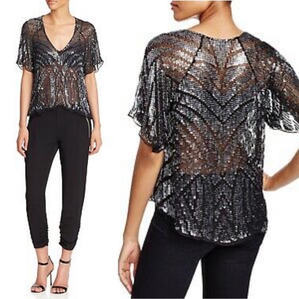 Parker Black Sequin V-Neck Short Sleeve Blouse